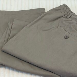 Khaki Straight Leg Linen Blend Pants with Elastic Waistband